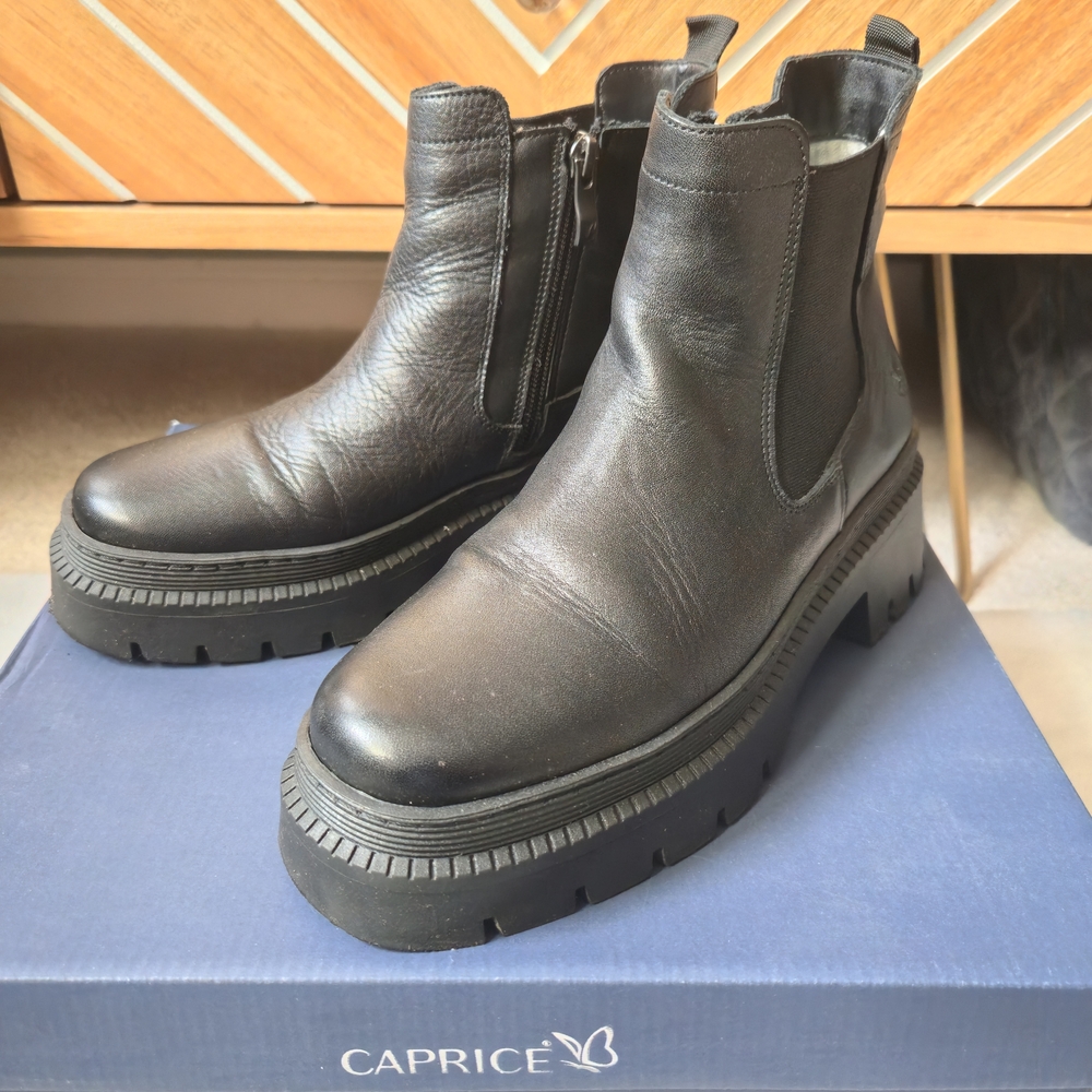 Caprice Black Leather Chunky Boots